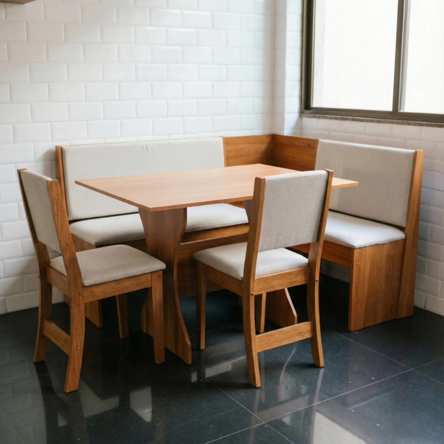Conjunto de mesa, cadeiras e banco de canto montado pela equipe Montou!
